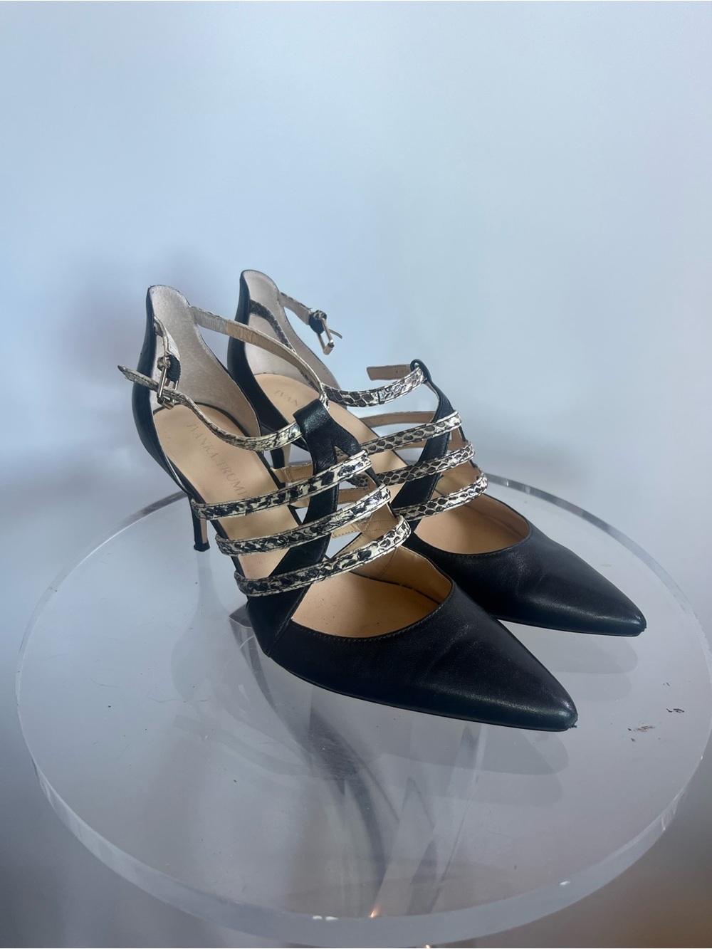 Ivanka Trump Black Pointed-Toe Heels with Snake-Print Straps